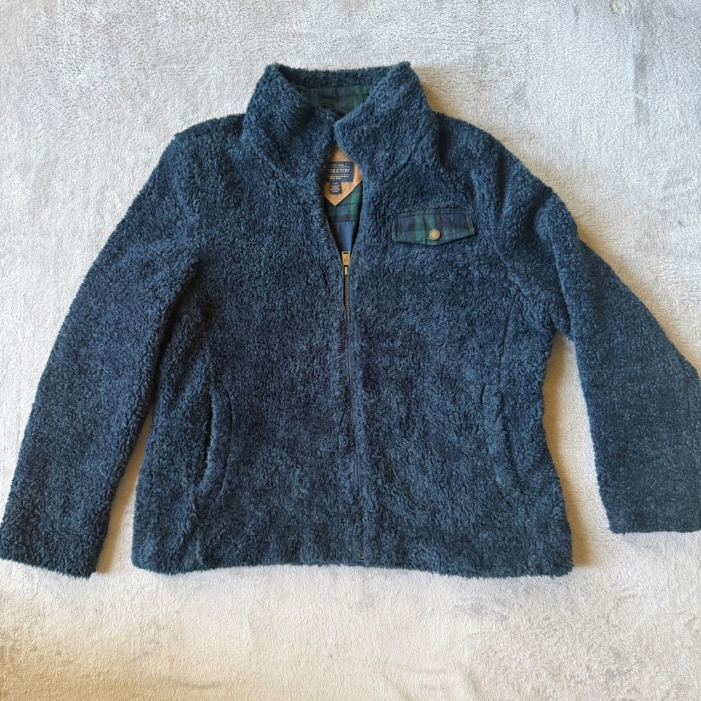 Pendleton Womens Navy Sherpa Fleece Full Zip Jacket Plaid Trim P1558 L/G